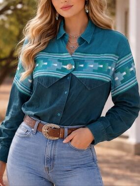 Vintage Teal Southwestern Button-Up Women's Shirt Size Medium
